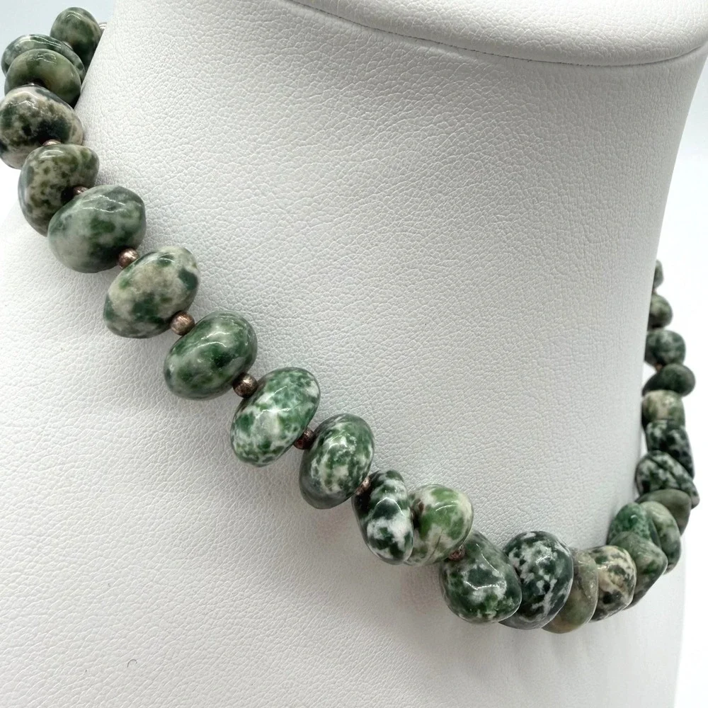 Vintage Green White Stone Bead Necklace Mottled Jasper Agate Toggle Statement